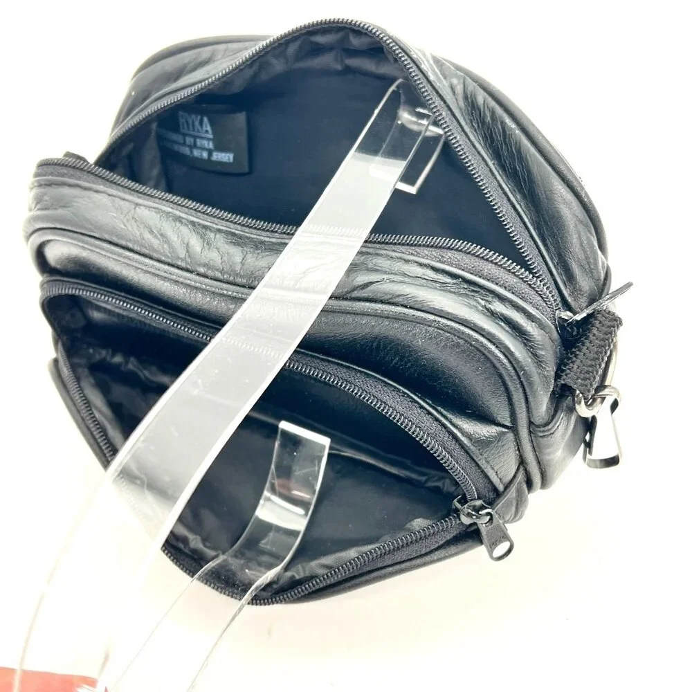 Vintage Ryka Black Leather Two Compartment Camera Lens Bag Zipper Metal Hardware
